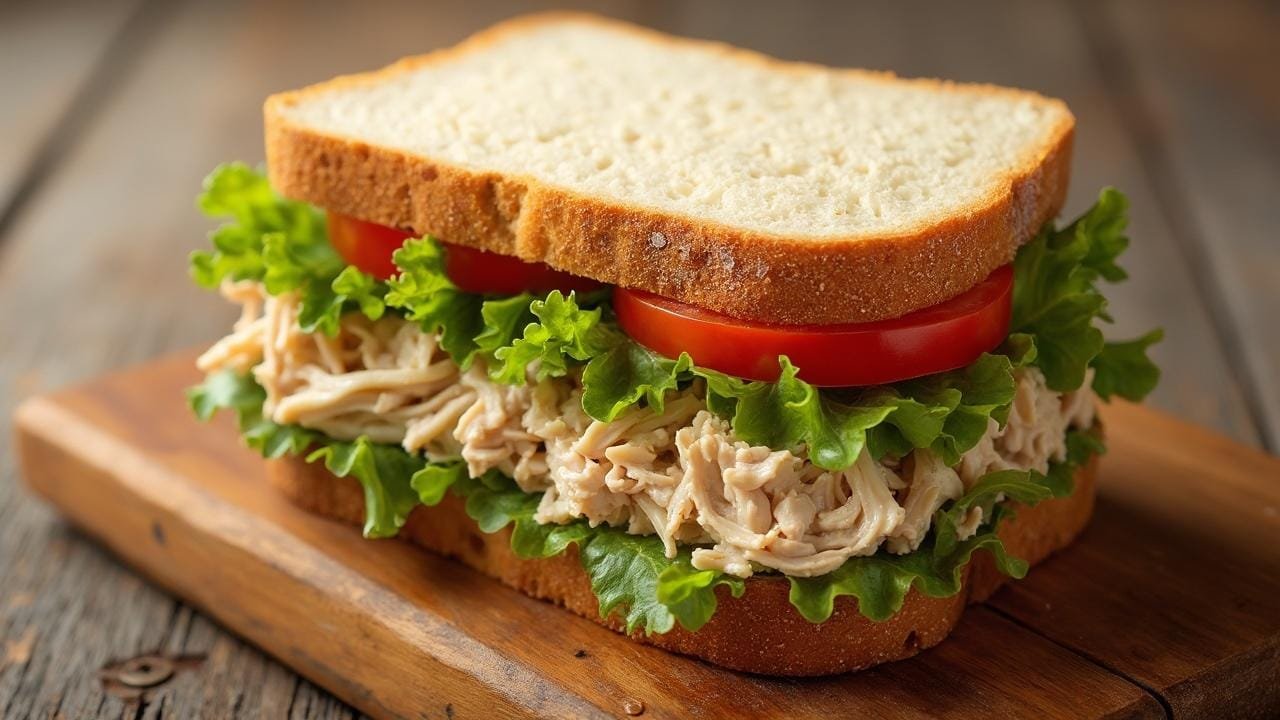 Un sandwiche avec des tranches de pain, du poulet, des tomates et de la laitue verte